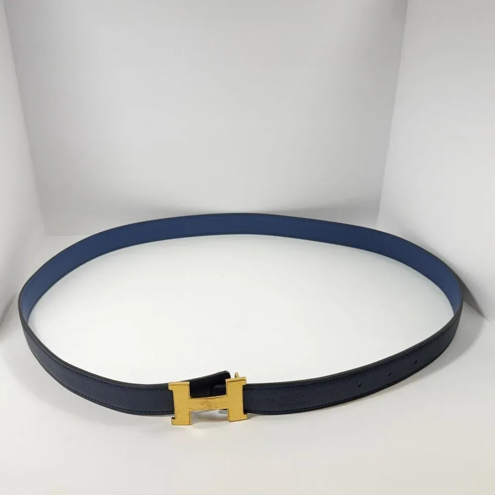 Authentic HERMES H Logo Reversible Belt Strap Blue Gold Tone Buckle Kit 85